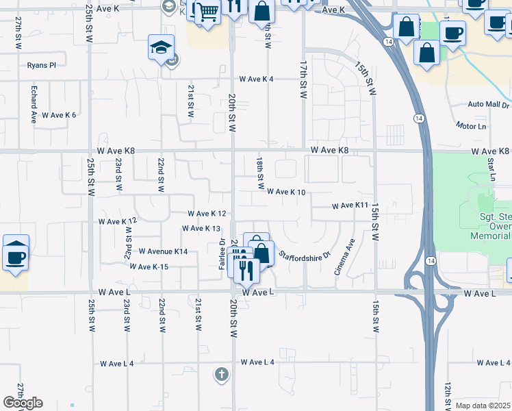 map of restaurants, bars, coffee shops, grocery stores, and more near 1773 West Avenue K11 in Lancaster