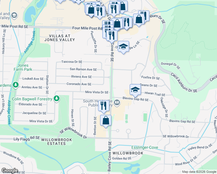 map of restaurants, bars, coffee shops, grocery stores, and more near 7704 Bailey Cove Road Southeast in Huntsville
