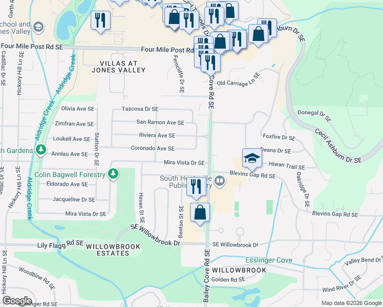 map of restaurants, bars, coffee shops, grocery stores, and more near 1016 Coronado Avenue Southeast in Huntsville