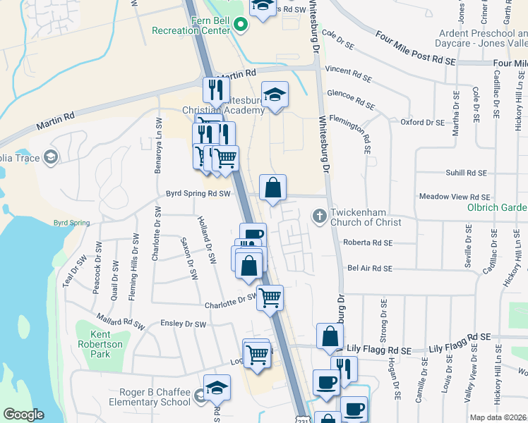 map of restaurants, bars, coffee shops, grocery stores, and more near 306 Drury Lane Southwest in Huntsville