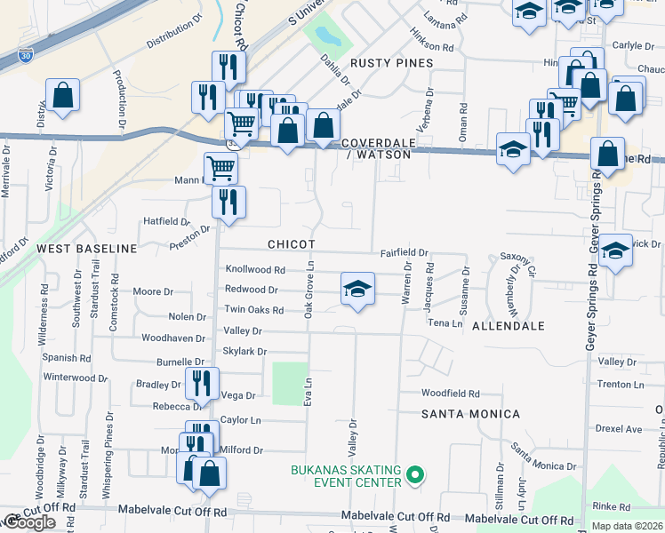 map of restaurants, bars, coffee shops, grocery stores, and more near 7017 Fairfield Drive in Little Rock