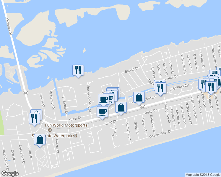 map of restaurants, bars, coffee shops, grocery stores, and more near 404 Emerald Circle in Emerald Isle