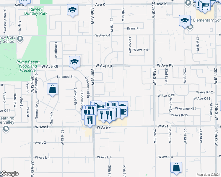 map of restaurants, bars, coffee shops, grocery stores, and more near 2817 West Avenue K 12 in Lancaster