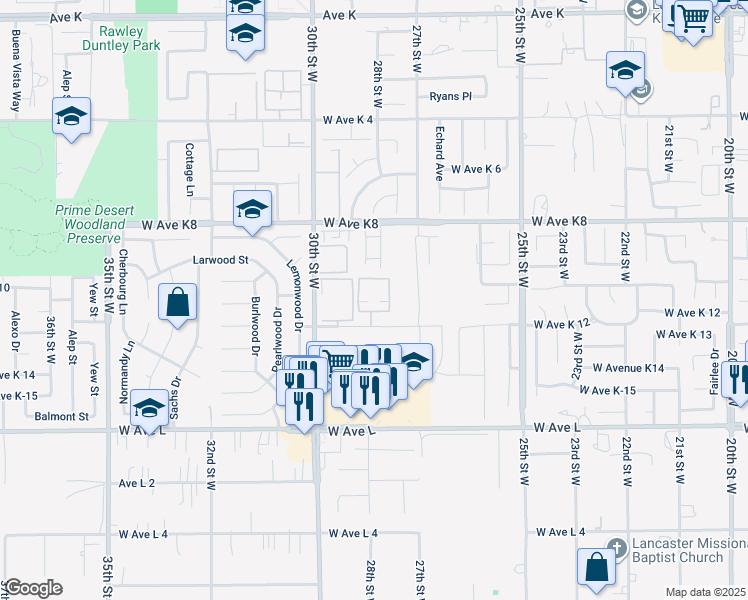 map of restaurants, bars, coffee shops, grocery stores, and more near 2803 West Avenue K 12 in Lancaster