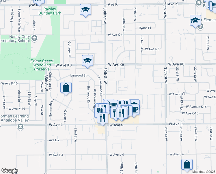 map of restaurants, bars, coffee shops, grocery stores, and more near 2807 West Avenue K12 in Lancaster