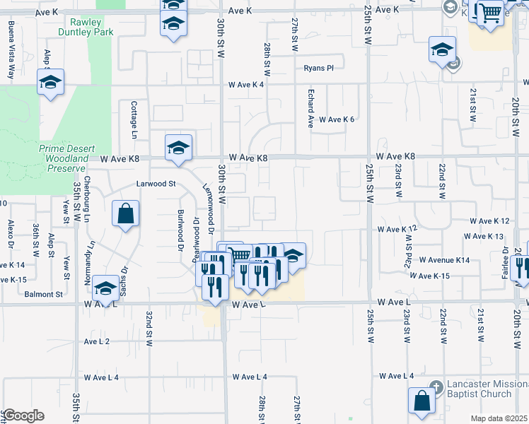 map of restaurants, bars, coffee shops, grocery stores, and more near 2823 West Avenue K 12 in Lancaster
