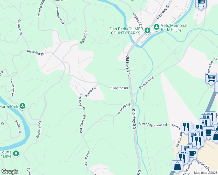 map of restaurants, bars, coffee shops, grocery stores, and more near 196 Ellington Road in Ellijay
