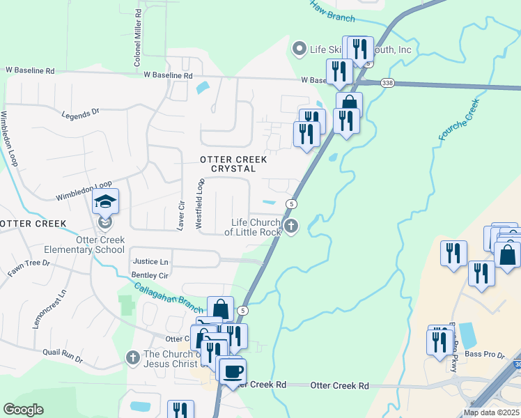 map of restaurants, bars, coffee shops, grocery stores, and more near 16 Westfield Drive in Little Rock