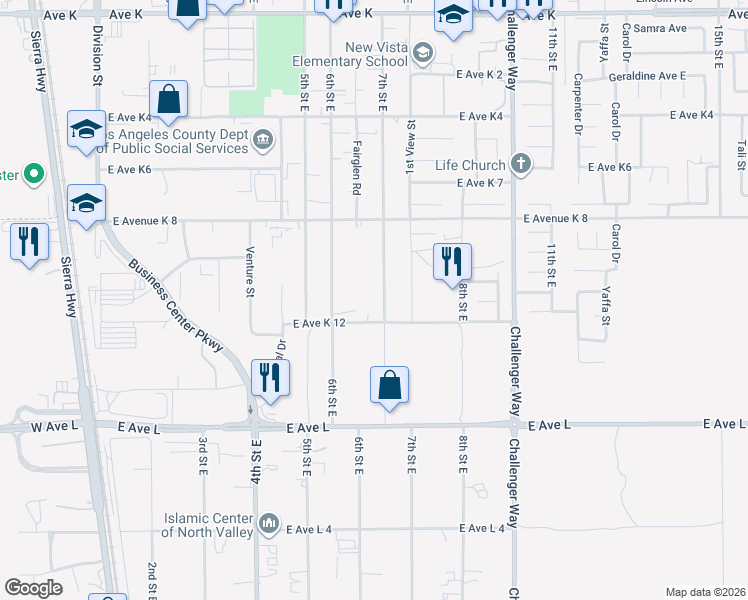 map of restaurants, bars, coffee shops, grocery stores, and more near 43029 7th Street East in Lancaster