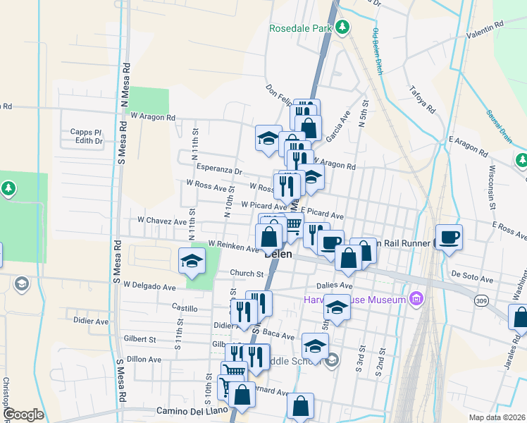 map of restaurants, bars, coffee shops, grocery stores, and more near 901 West Picard Avenue in Belen