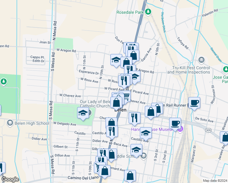 map of restaurants, bars, coffee shops, grocery stores, and more near 815 West Picard Avenue in Belen