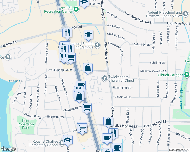 map of restaurants, bars, coffee shops, grocery stores, and more near 211 Danville Court Southwest in Huntsville