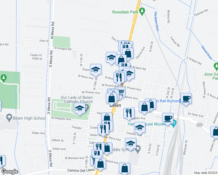 map of restaurants, bars, coffee shops, grocery stores, and more near 901 West Picard Avenue in Belen