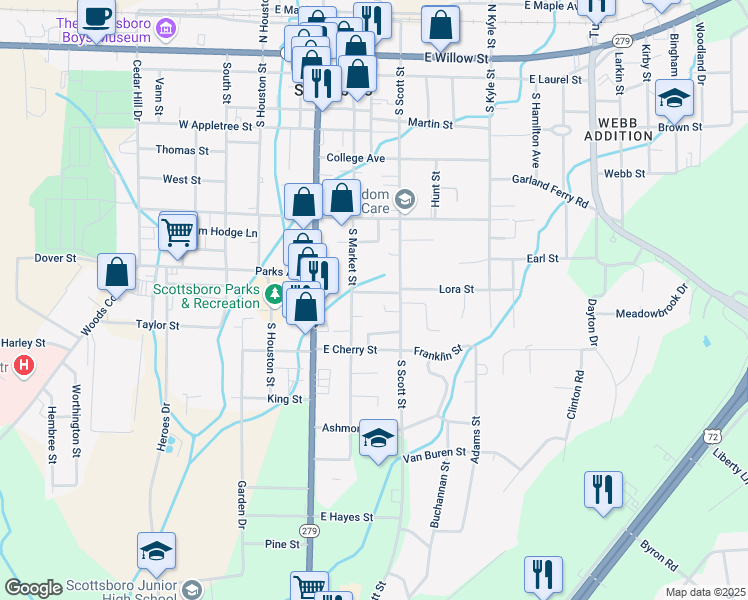 map of restaurants, bars, coffee shops, grocery stores, and more near 206 Meadow Street in Scottsboro