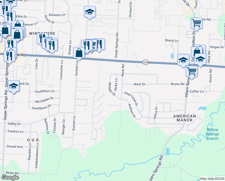 map of restaurants, bars, coffee shops, grocery stores, and more near 9205 Malabri Drive in Little Rock