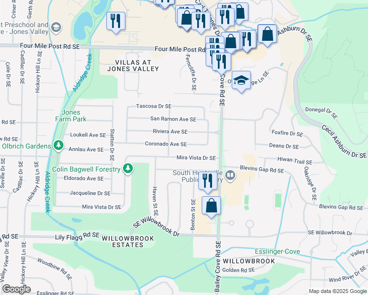 map of restaurants, bars, coffee shops, grocery stores, and more near 1006 Coronado Avenue Southeast in Huntsville