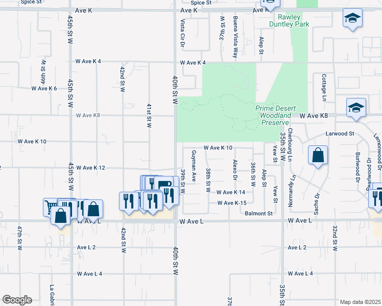map of restaurants, bars, coffee shops, grocery stores, and more near 43041 Guyman Avenue in Lancaster