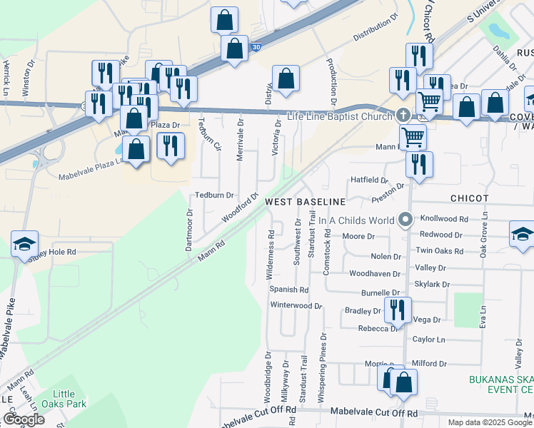 map of restaurants, bars, coffee shops, grocery stores, and more near 9414 Wilderness Road in Little Rock