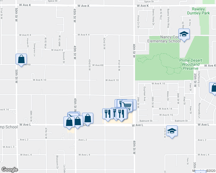 map of restaurants, bars, coffee shops, grocery stores, and more near 43036 42nd Street West in Quartz Hill