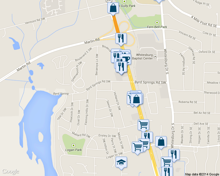 map of restaurants, bars, coffee shops, grocery stores, and more near 7602 Dalton Street Southwest in Huntsville