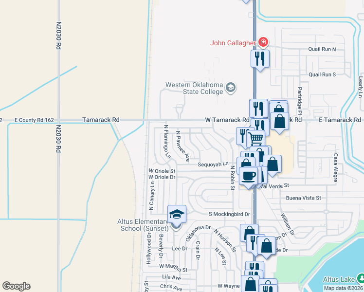 map of restaurants, bars, coffee shops, grocery stores, and more near 2408 North Pawnee Avenue in Altus