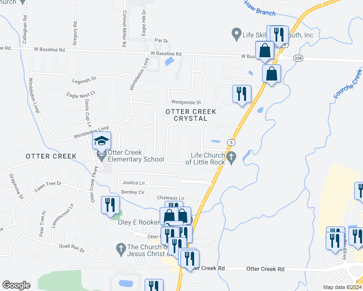 map of restaurants, bars, coffee shops, grocery stores, and more near 39 Westfield Court in Little Rock