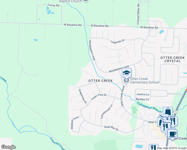 map of restaurants, bars, coffee shops, grocery stores, and more near 2500 Silver Maple Drive in Little Rock