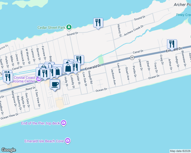 map of restaurants, bars, coffee shops, grocery stores, and more near 7513 Sandpiper Lane in Emerald Isle
