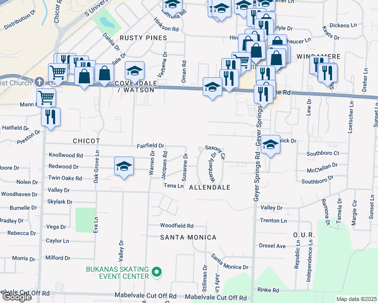 map of restaurants, bars, coffee shops, grocery stores, and more near 9321 Susanne Drive in Little Rock