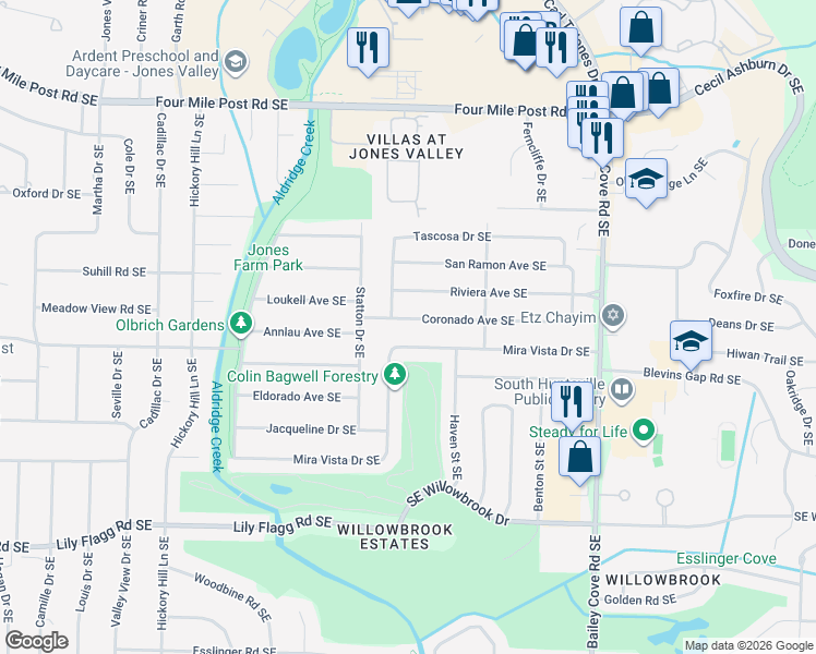 map of restaurants, bars, coffee shops, grocery stores, and more near 902 Coronado Avenue Southeast in Huntsville