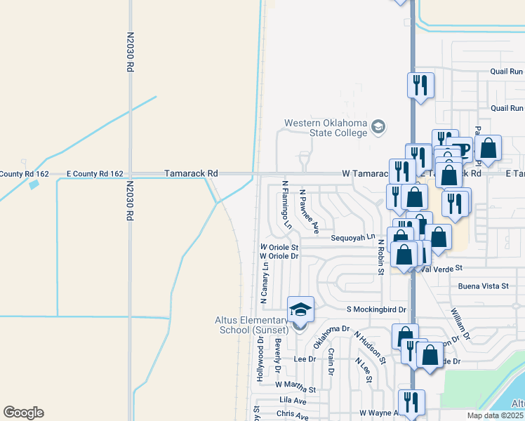 map of restaurants, bars, coffee shops, grocery stores, and more near 2505 North Cherokee Strip Street in Altus