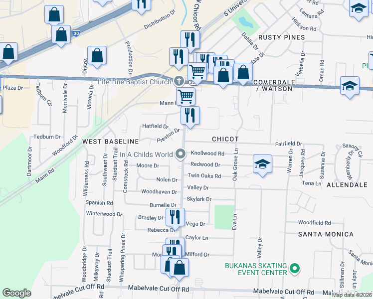 map of restaurants, bars, coffee shops, grocery stores, and more near 7524 Knollwood Road in Little Rock