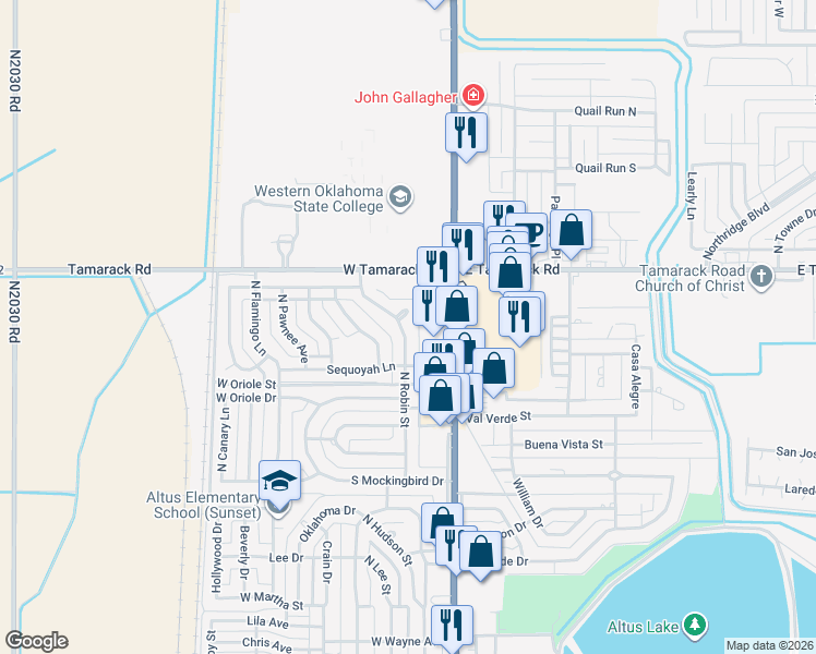 map of restaurants, bars, coffee shops, grocery stores, and more near 2412 North Robin Street in Altus