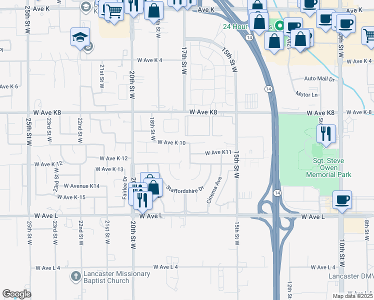 map of restaurants, bars, coffee shops, grocery stores, and more near 43033 Cromley Court in Lancaster