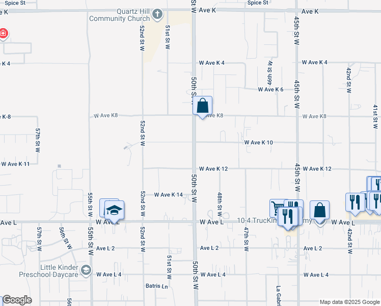 map of restaurants, bars, coffee shops, grocery stores, and more near 43037 50th Street West in Lancaster