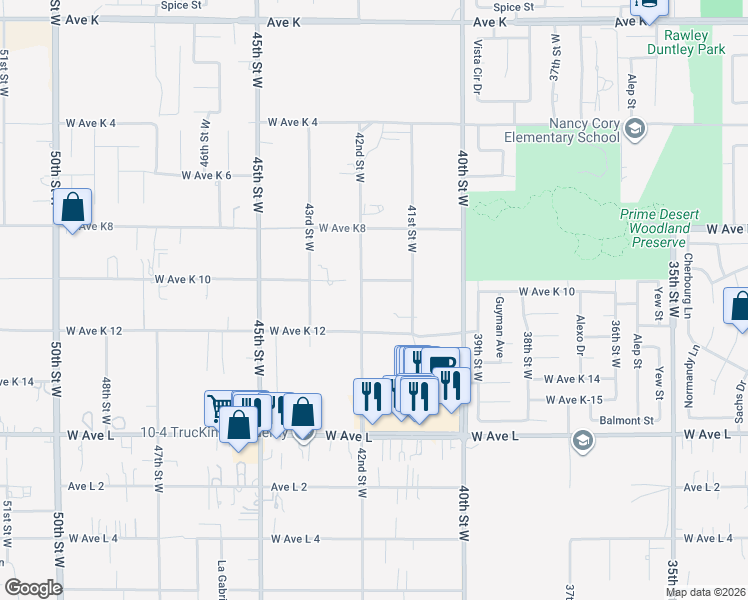 map of restaurants, bars, coffee shops, grocery stores, and more near 43036 42nd Street West in Quartz Hill