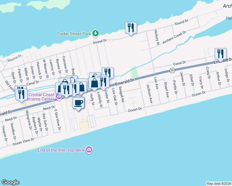 map of restaurants, bars, coffee shops, grocery stores, and more near 120 Live Oak Street in Emerald Isle