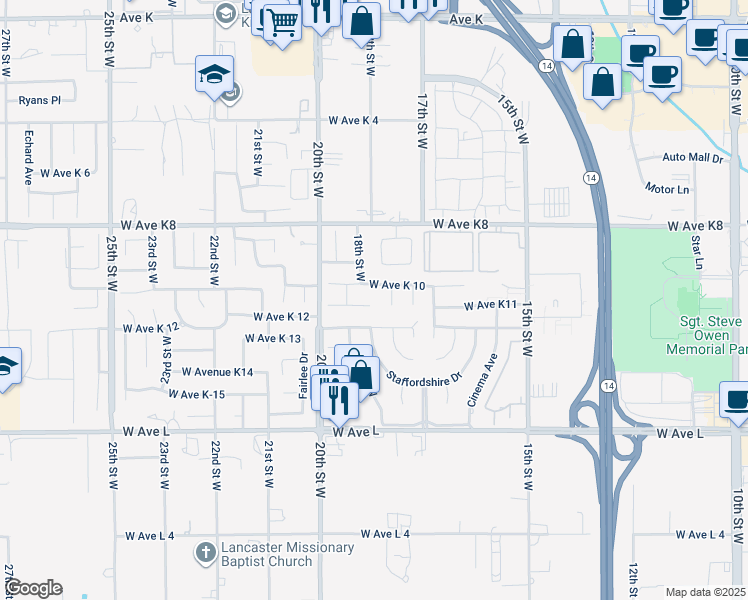 map of restaurants, bars, coffee shops, grocery stores, and more near 1755 West Avenue K11 in Lancaster