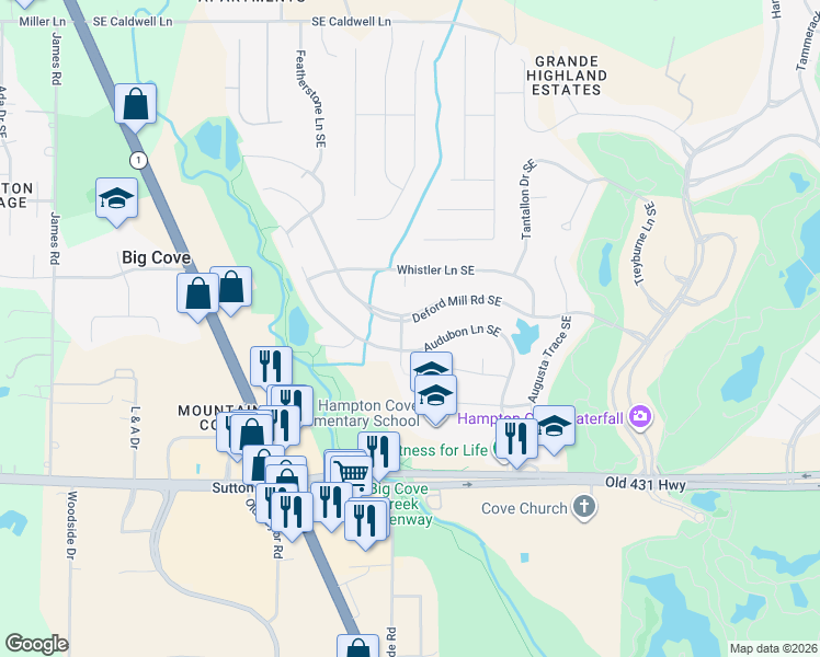 map of restaurants, bars, coffee shops, grocery stores, and more near 2732 Deford Mill Road Southeast in Owens Cross Roads