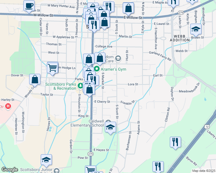 map of restaurants, bars, coffee shops, grocery stores, and more near 206 Meadow Street in Scottsboro