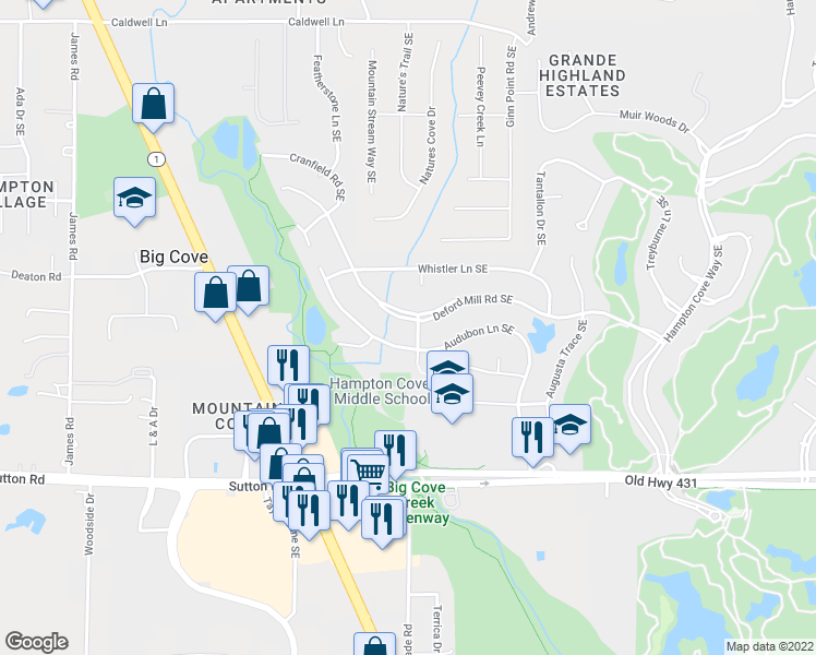 map of restaurants, bars, coffee shops, grocery stores, and more near 2732 Deford Mill Road Southeast in Owens Cross Roads