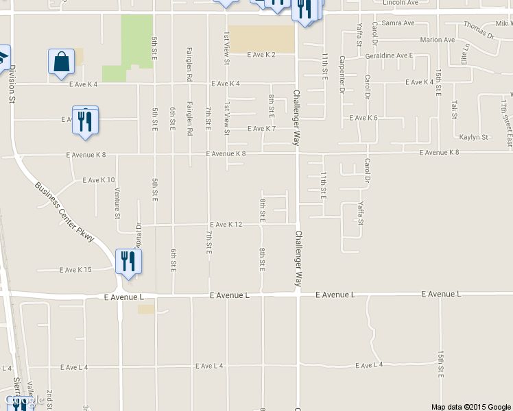 map of restaurants, bars, coffee shops, grocery stores, and more near 43009 8th Street East in Lancaster