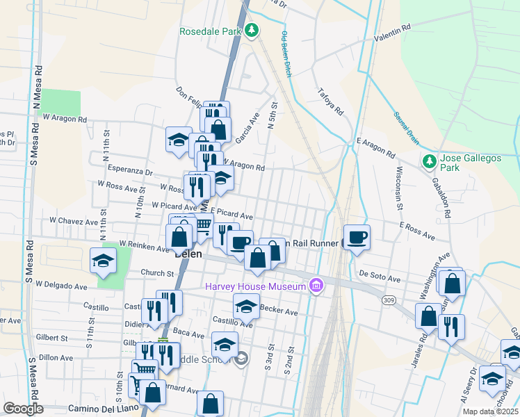 map of restaurants, bars, coffee shops, grocery stores, and more near 510 North 5th Street in Belen