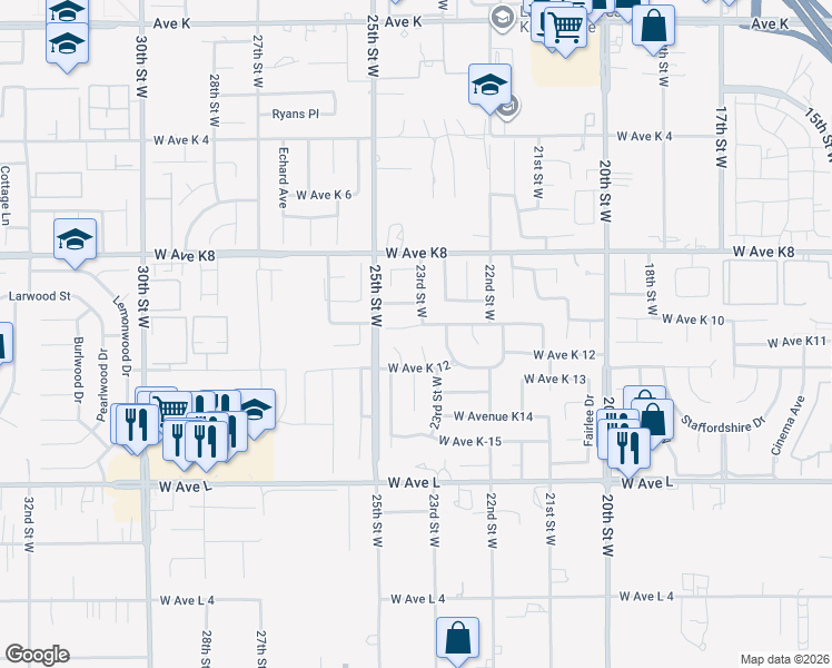 map of restaurants, bars, coffee shops, grocery stores, and more near 2306 West Avenue K10 in Lancaster
