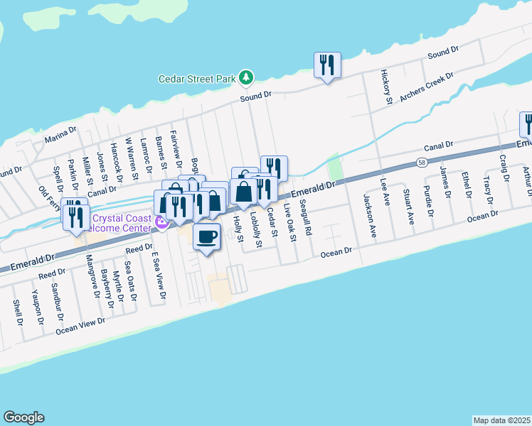 map of restaurants, bars, coffee shops, grocery stores, and more near 215 Cedar Street in Emerald Isle