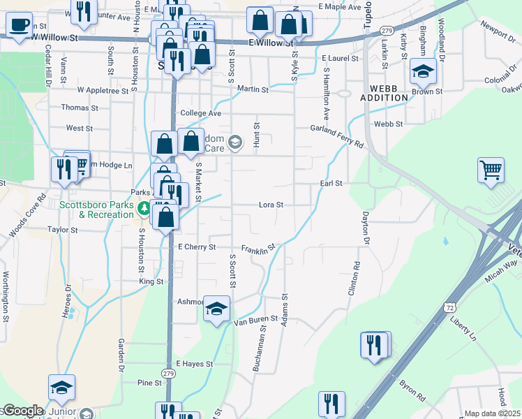 map of restaurants, bars, coffee shops, grocery stores, and more near 314 Lora Street in Scottsboro
