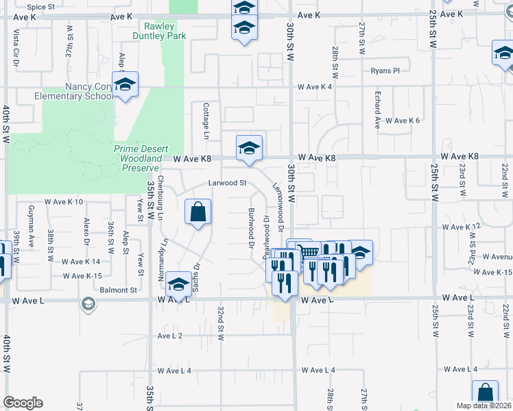 map of restaurants, bars, coffee shops, grocery stores, and more near 43038 Burlwood Drive in Lancaster