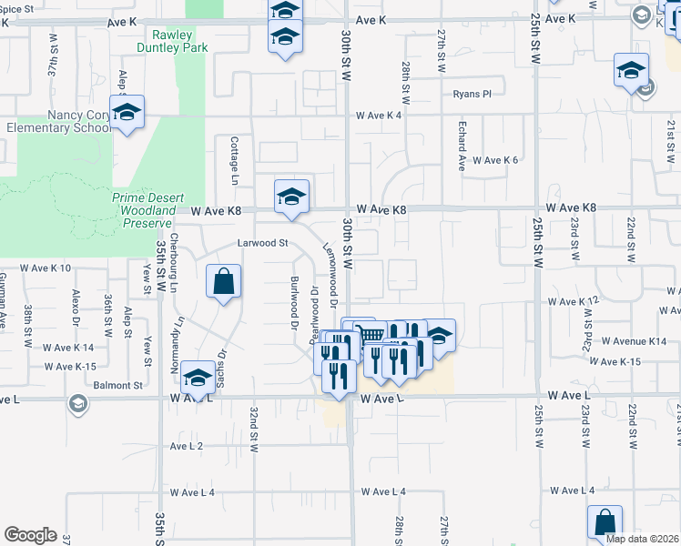 map of restaurants, bars, coffee shops, grocery stores, and more near 43038 Lemonwood Drive in Lancaster