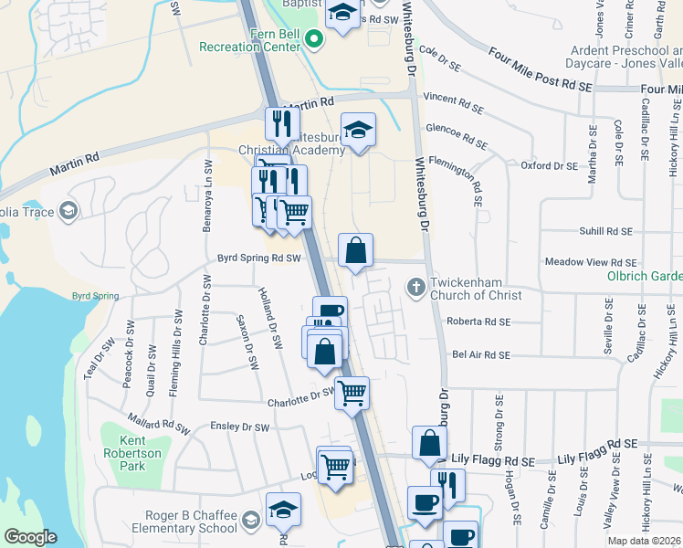 map of restaurants, bars, coffee shops, grocery stores, and more near 306 Drury Lane Southwest in Huntsville