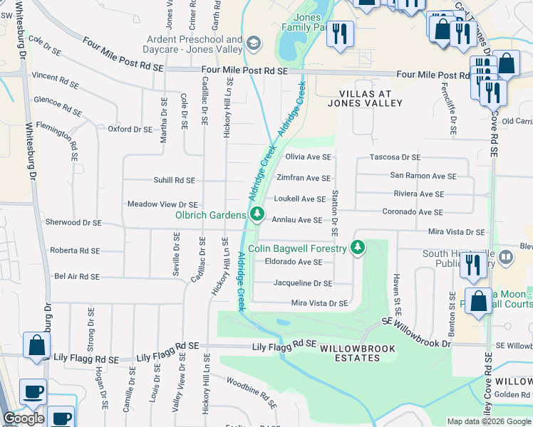 map of restaurants, bars, coffee shops, grocery stores, and more near 7303 Atwood Drive Southeast in Huntsville